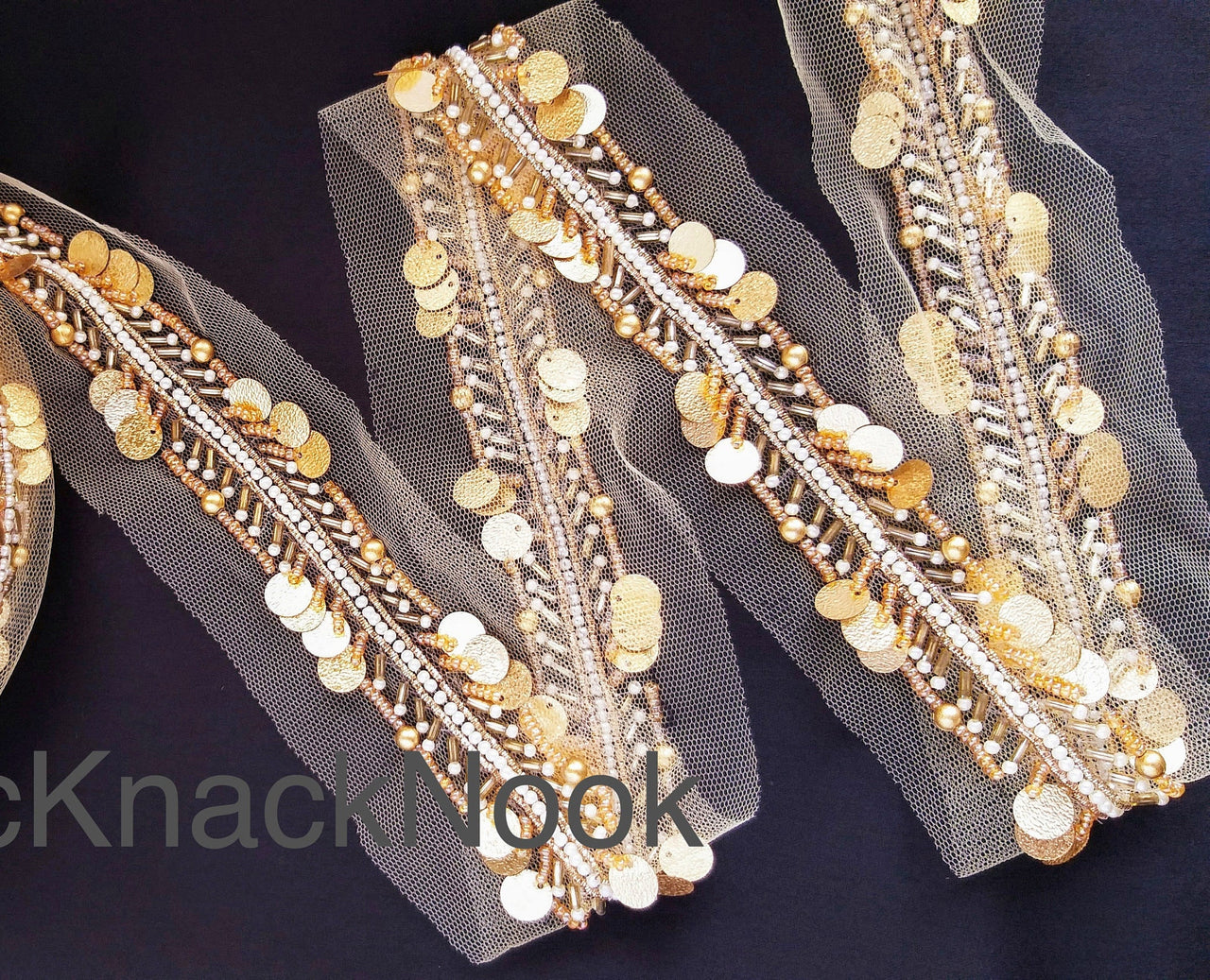 Beige Net Fabric Trim With Gold, White And Silver Beads, Gold Sequins Embellishments