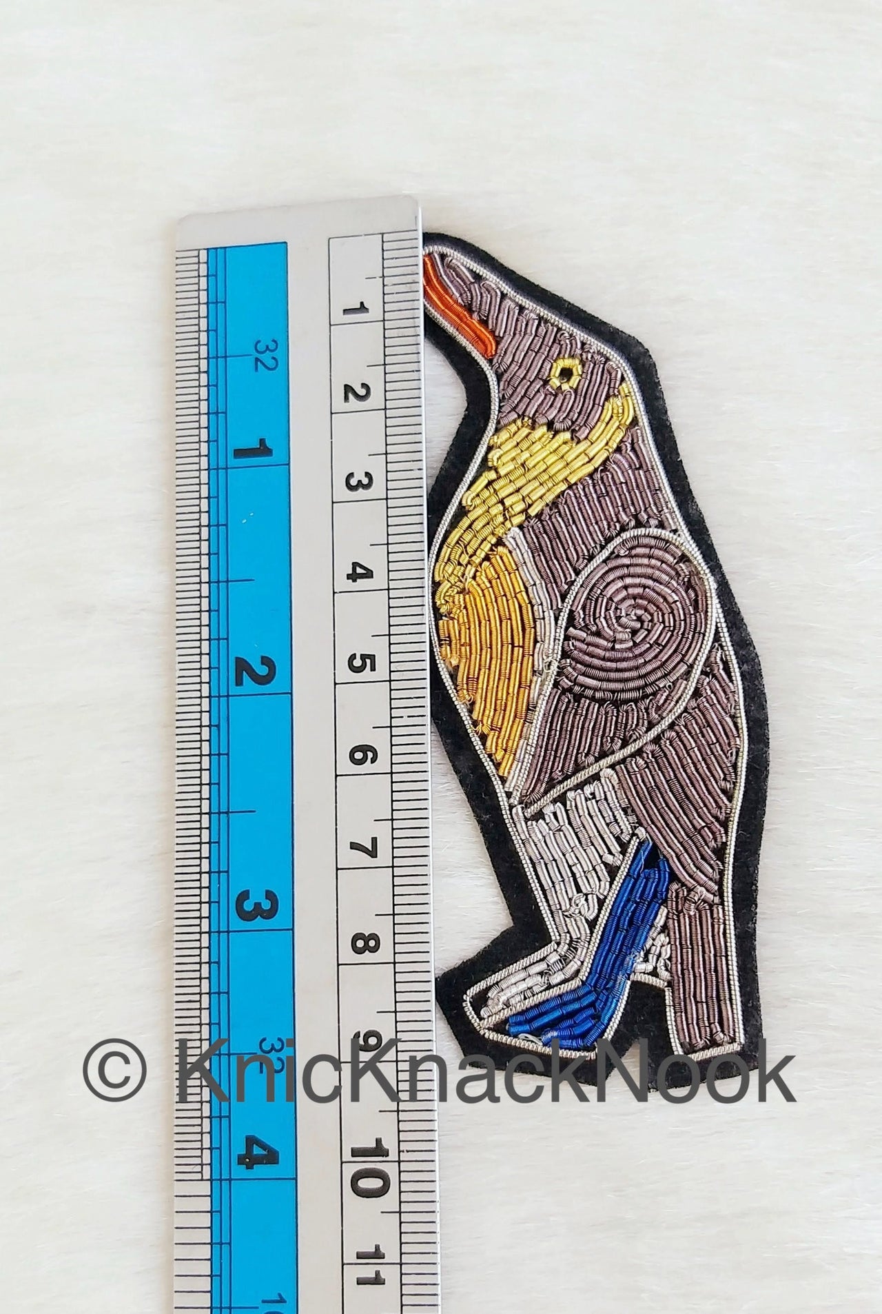 Hand Embroidered Penguins Applique In Grey, Silver, Gold