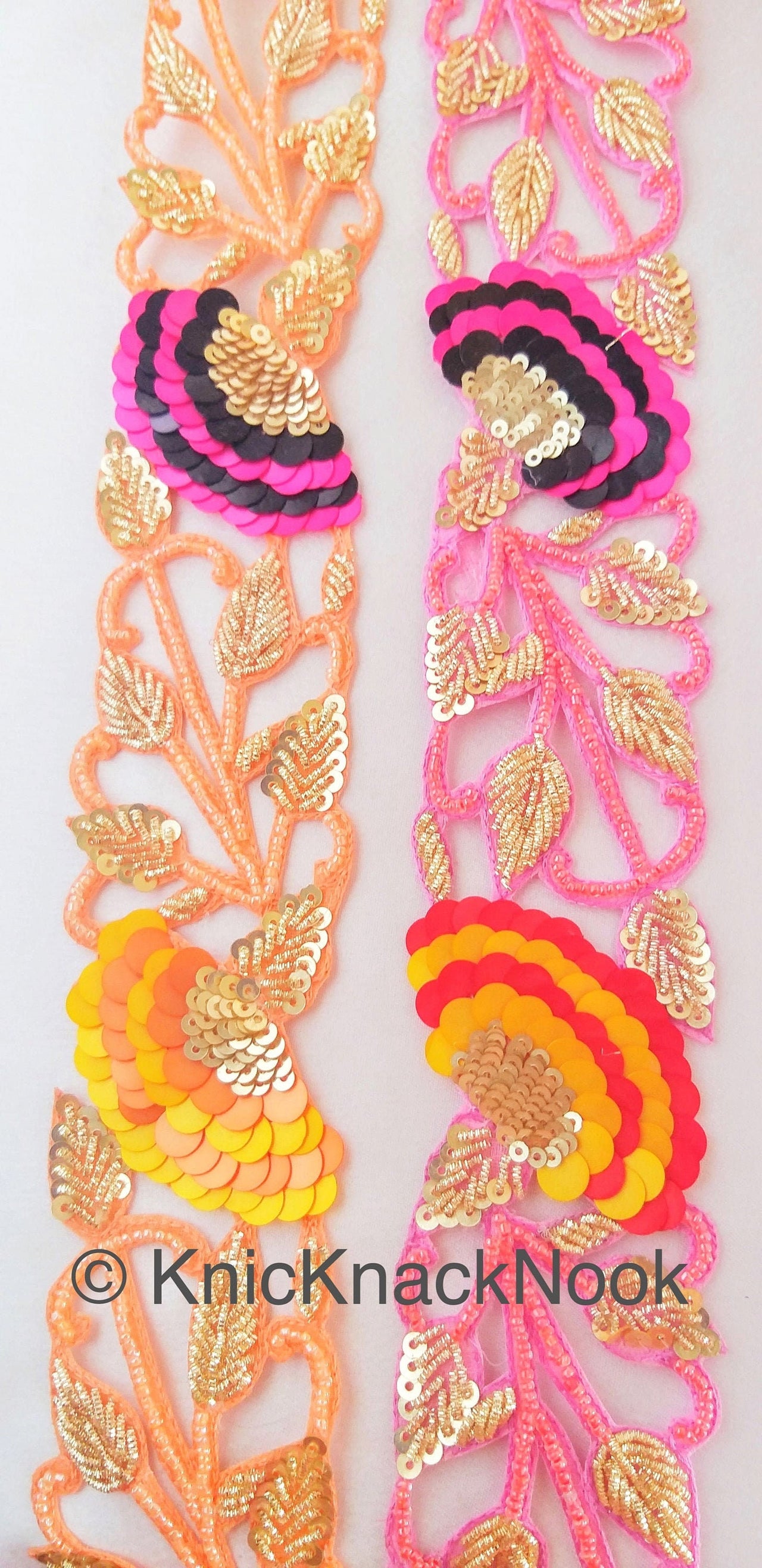 Pink / Peach Indian Beaded Lace Trim, Handmade, Sequins Trim