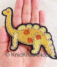 Thumbnail for Hand Embroidered Dinosaur Applique In Gold, Yellow And Copper Zardozi Threadwork, Animal Motif