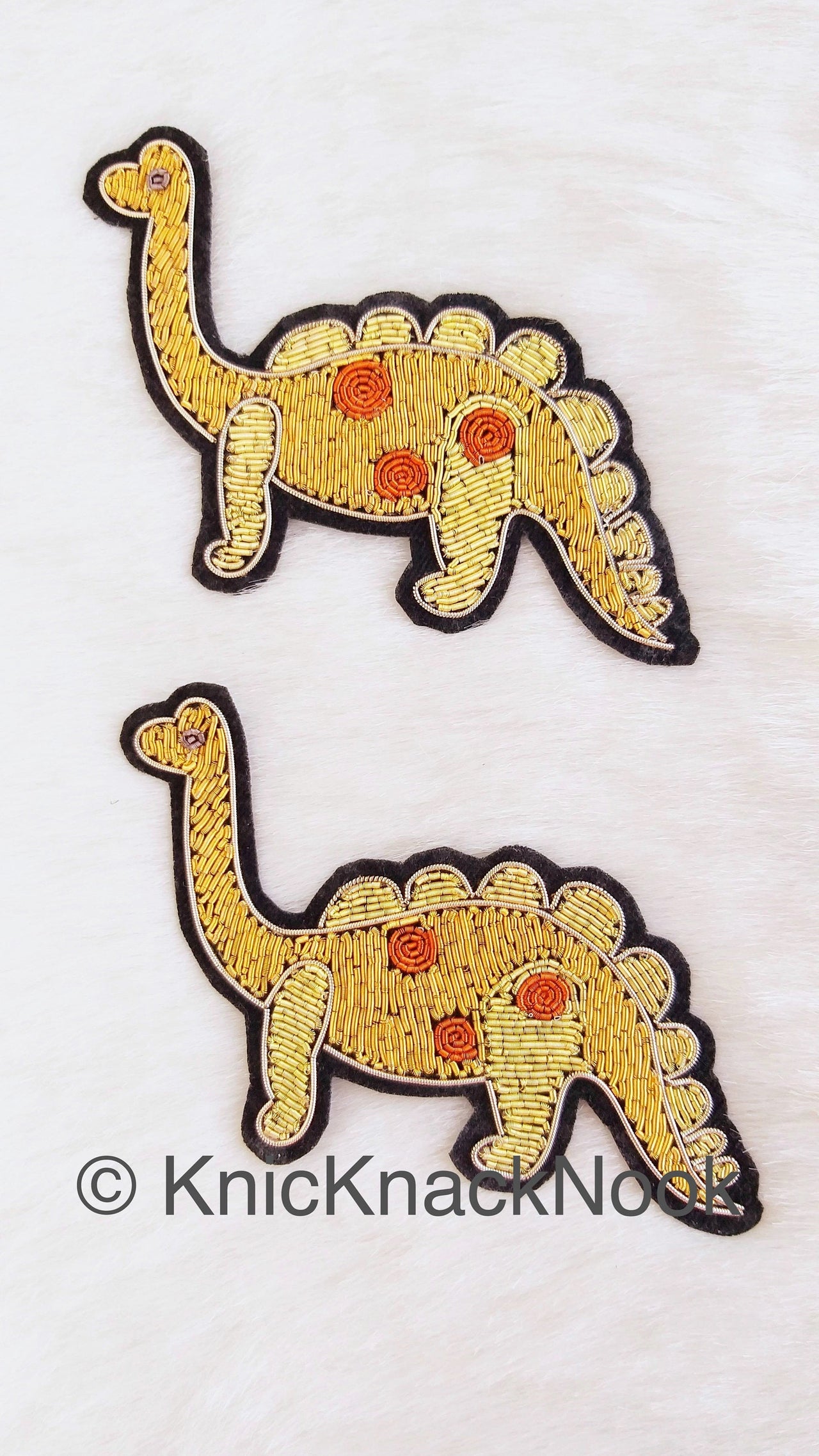 Hand Embroidered Dinosaur Applique In Gold, Yellow And Copper Zardozi Threadwork, Animal Motif