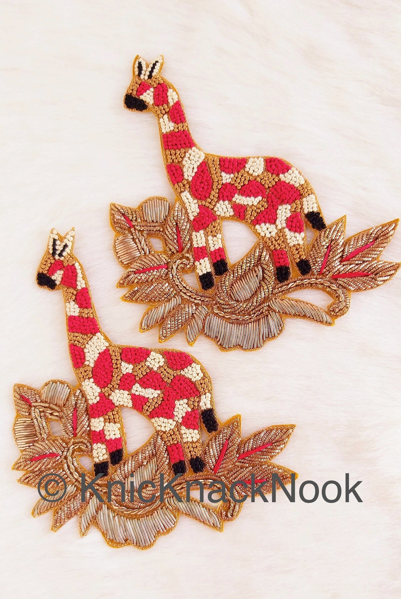 Hand Embroidered Giraffe Applique In Gold, Beige, Red And Black Zardozi Threadwork