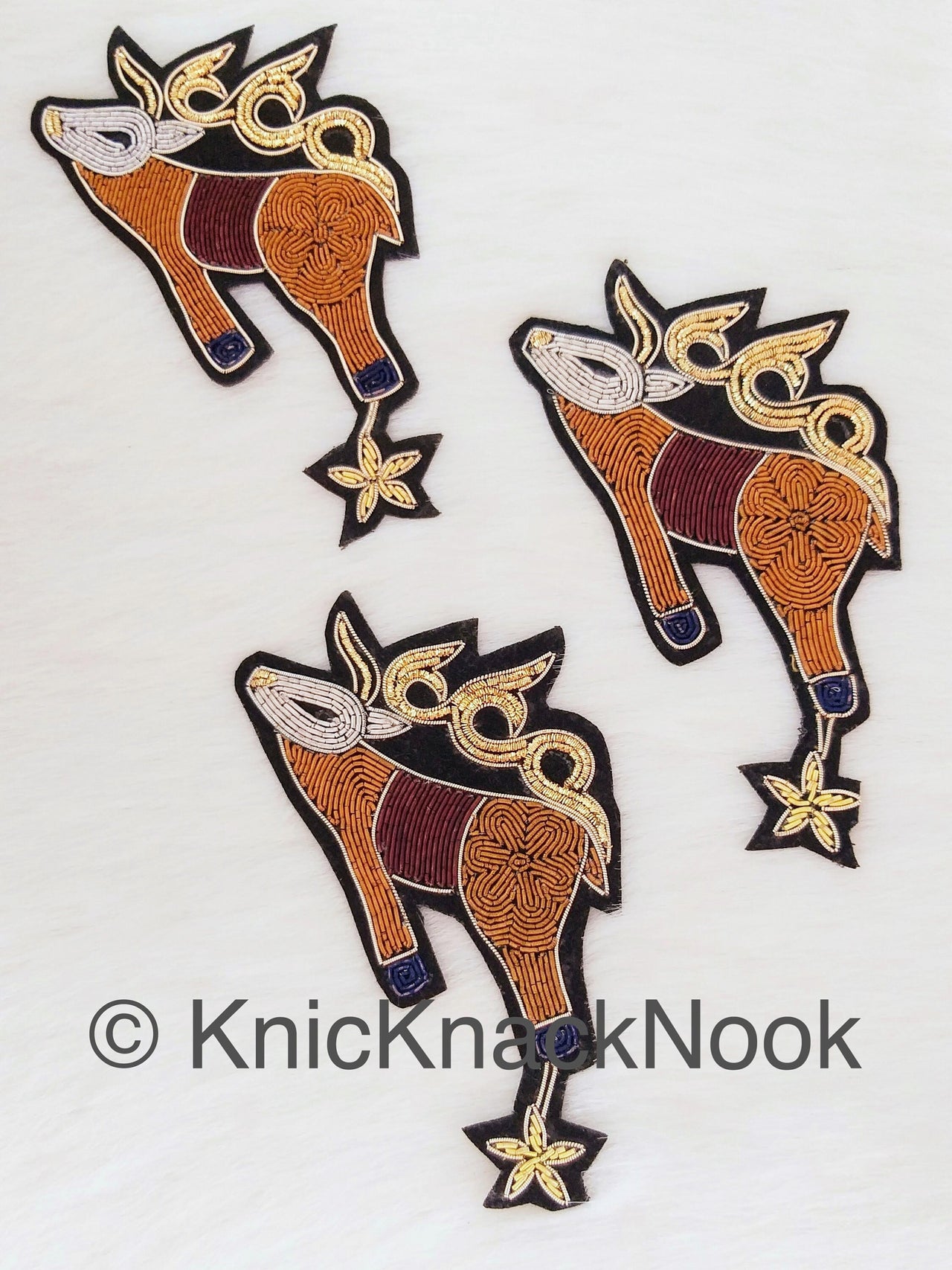 Hand Embroidered Deer With Star Applique In Brown, Silver And Gold Zardozi Threadwork, Animal Motif