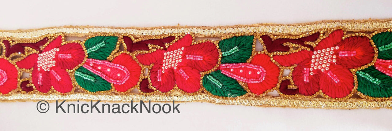 Wholesale Red, Green and Gold Hand Embroidered Cutwork Floral Trim In Seed Beads, Bugle Beads & Crystal Wedding Sari Bridal Decorative