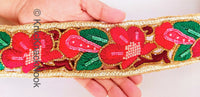 Thumbnail for Wholesale Red, Green and Gold Hand Embroidered Cutwork Floral Trim In Seed Beads, Bugle Beads & Crystal Wedding Sari Bridal Decorative