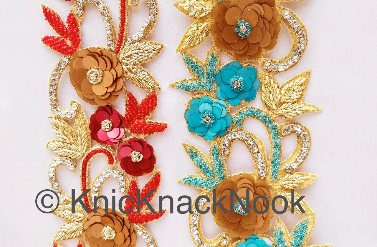 Red / Blue & Gold Hand Embroidered Zardozi Cutwork Lace Trim Beaded Trim, Sequins Rhinestones Wedding  Bridal Belt Decorative