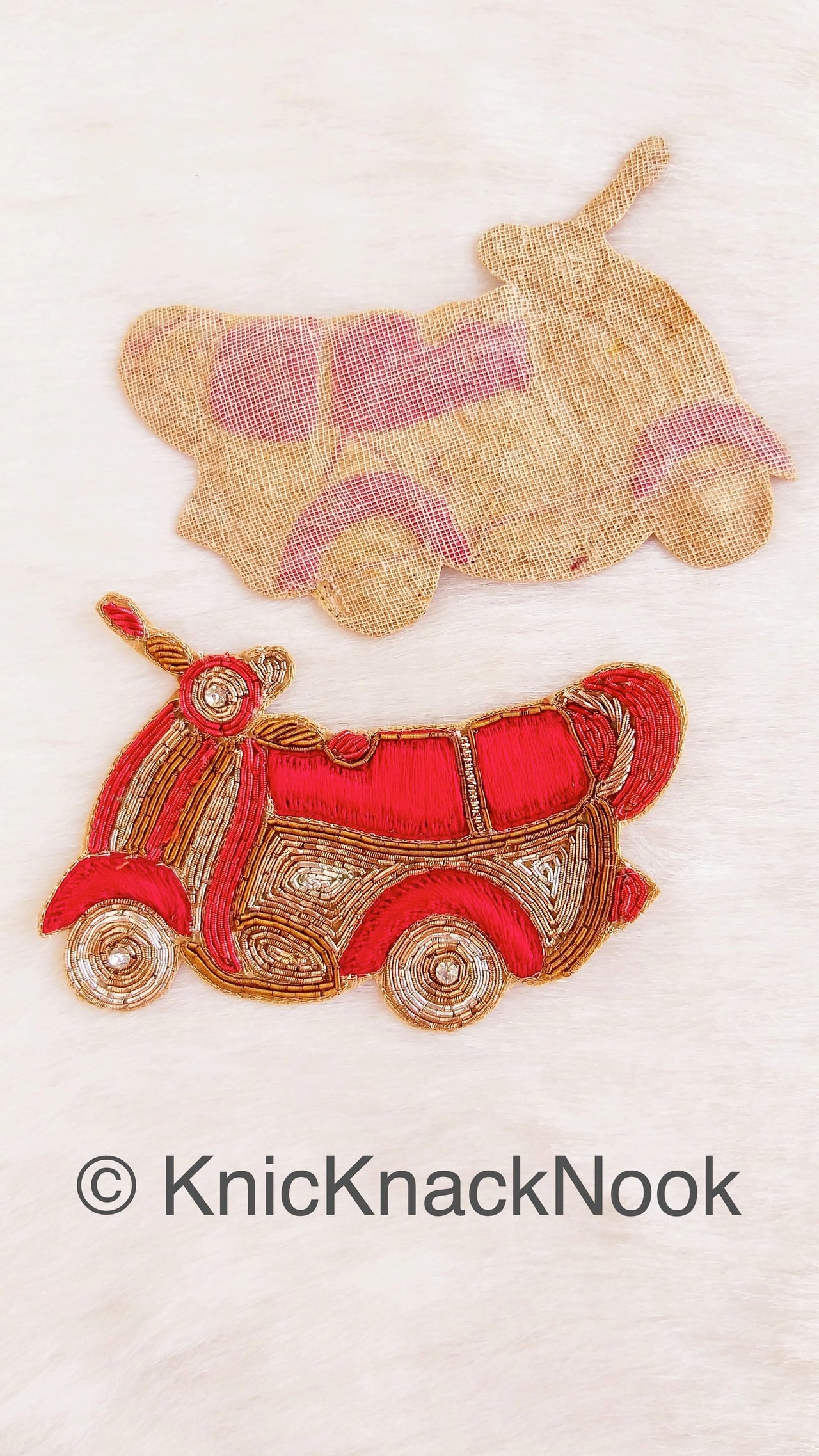 Hand Embroidered Motor Scooter Applique In Red, Gold And Silver Zardozi Threadwork, Motorcycle Motif