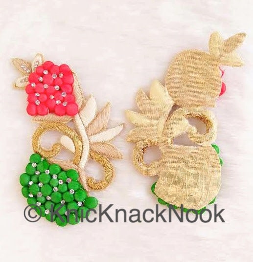 Green, Red, Beige And Gold Embroidered Flower Applique Patch With Diamante Crytals
