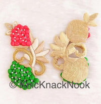 Thumbnail for Green, Red, Beige And Gold Embroidered Flower Applique Patch With Diamante Crytals