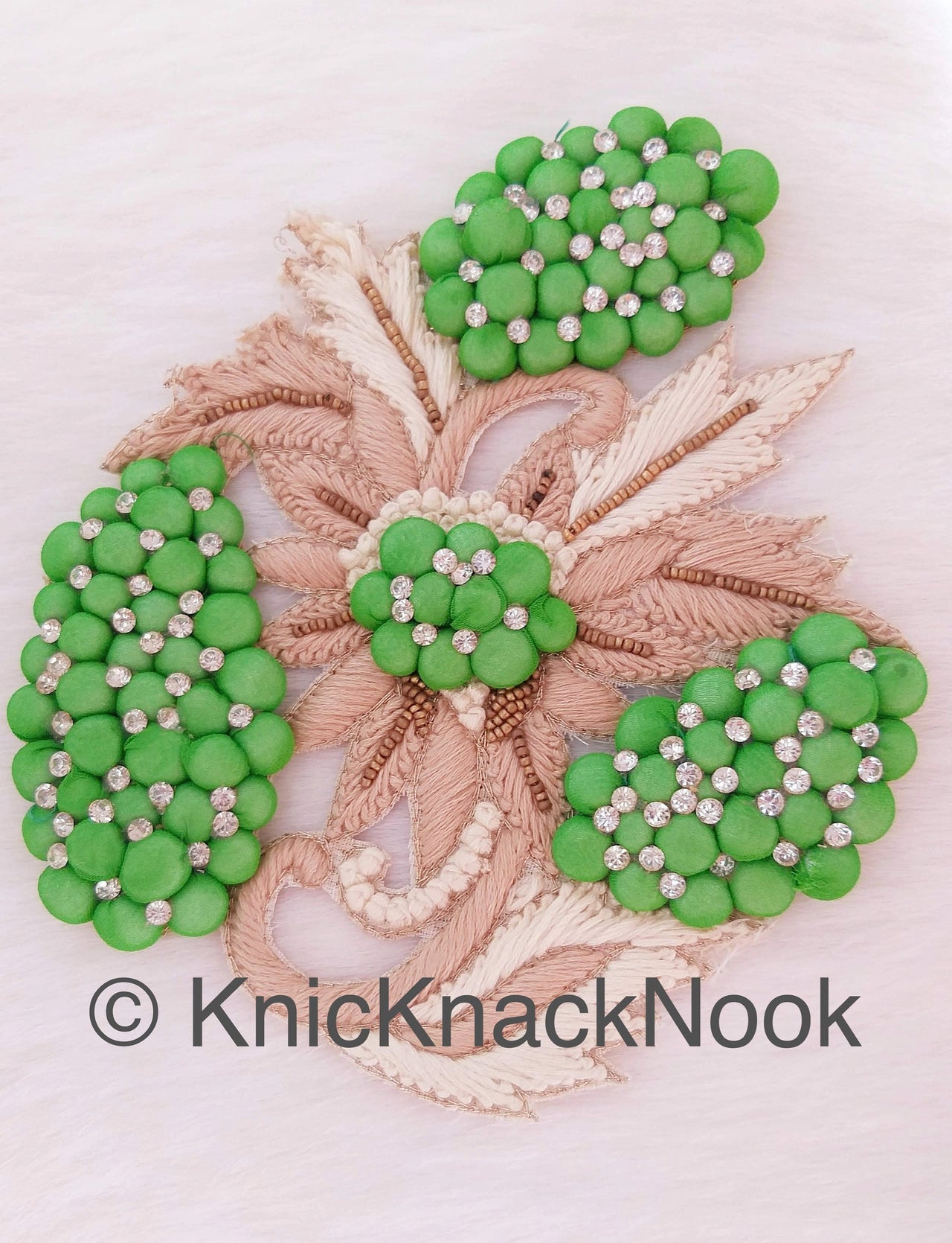Green, Beige And Off White Embroidered Flower Applique Patch With Diamante Crytals And Gold Matt Beads, 3D Floral Applique