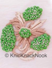 Thumbnail for Green, Beige And Off White Embroidered Flower Applique Patch With Diamante Crytals And Gold Matt Beads, 3D Floral Applique