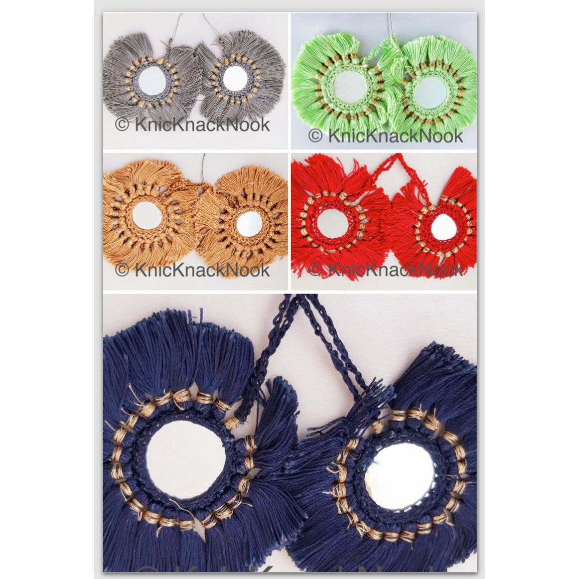 Mirrored Tassels In Grey / Green / Brown / Red / Blue, Crochet Mirror Tassel, Handmade Latkan Boho
