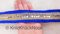 Thumbnail for Royal Blue Fabric Trim With Mirrors Embellishments, Gold Beads and Gold Embroidery, Approx. 40mm Wide