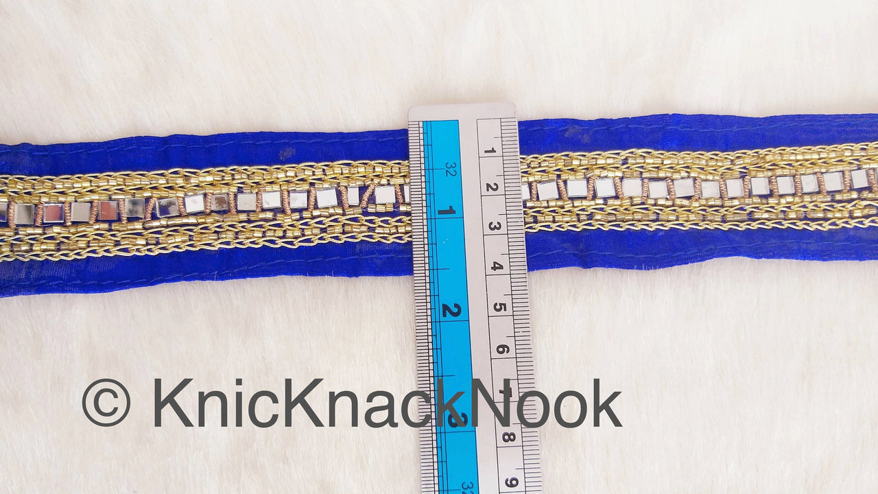 Royal Blue Fabric Trim With Mirrors Embellishments, Gold Beads and Gold Embroidery, Approx. 40mm Wide