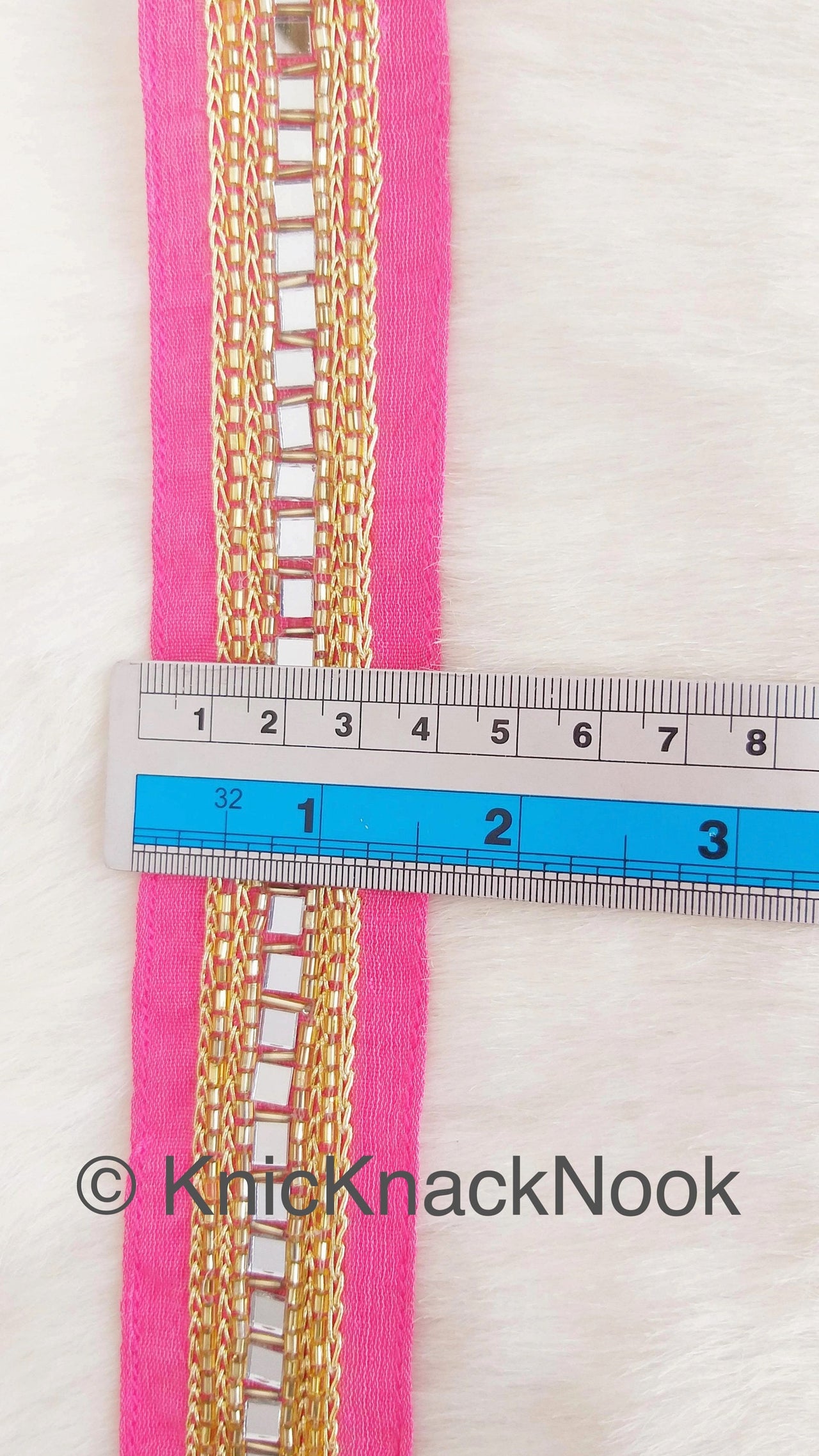 Pink Fabric Trim With Mirrors Embellishments, Gold Beads and Gold Embroidery, Approx. 40mm Wide
