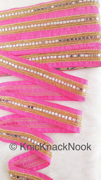 Thumbnail for Pink Fabric Trim With Mirrors Embellishments, Gold Beads and Gold Embroidery, Approx. 40mm Wide