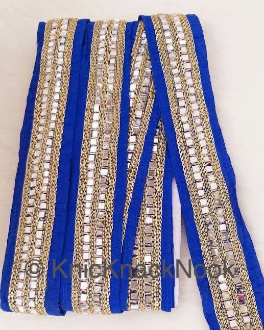 Royal Blue Fabric Trim With Mirrors Embellishments, Gold Beads and Gold Embroidery, Approx. 45mm Wide Decorative Craft Trims