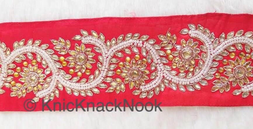 Red Silk Lace Trim With Floral Zardozi Hand Embroidery And White Beads & Indian Stones Kundan Embellishment, Approx. 80mm, Decorative Trim