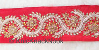 Thumbnail for Red Silk Lace Trim With Floral Zardozi Hand Embroidery And White Beads & Indian Stones Kundan Embellishment, Approx. 80mm, Decorative Trim