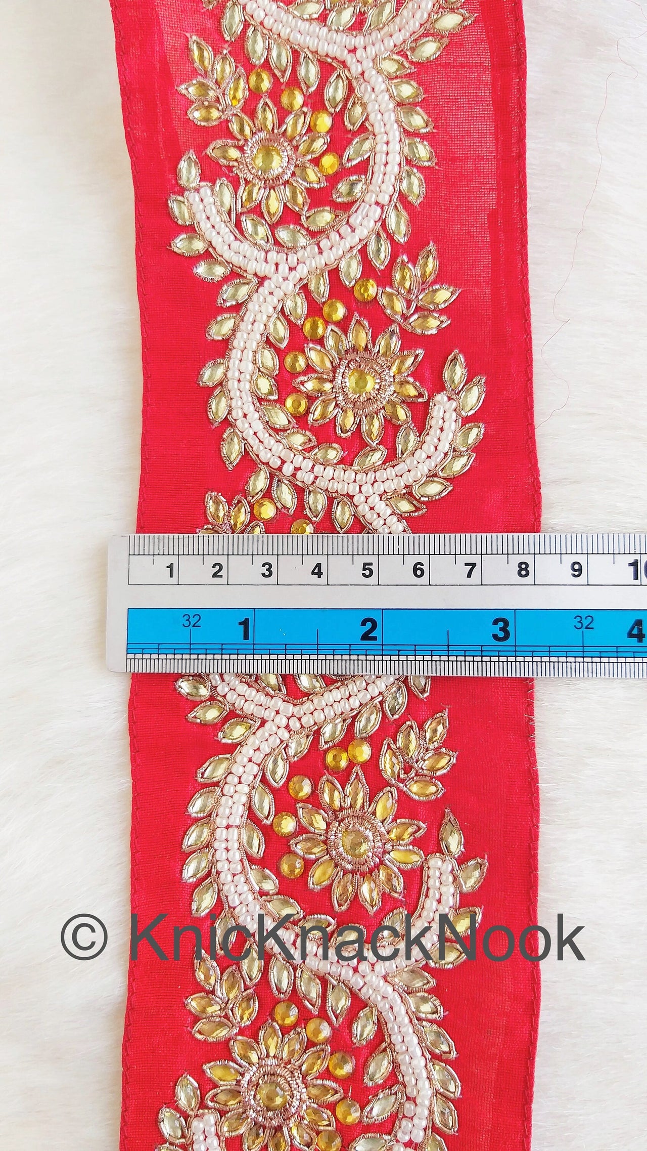 Red Silk Lace Trim With Floral Zardozi Hand Embroidery And White Beads & Indian Stones Kundan Embellishment, Approx. 80mm, Decorative Trim