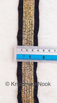 Thumbnail for Black / Red Art Silk Fabric Trim With Gold Bugle Beads Embellishments And Gold Embroidery, Beaded Trim, , Approx. 36mmTrim