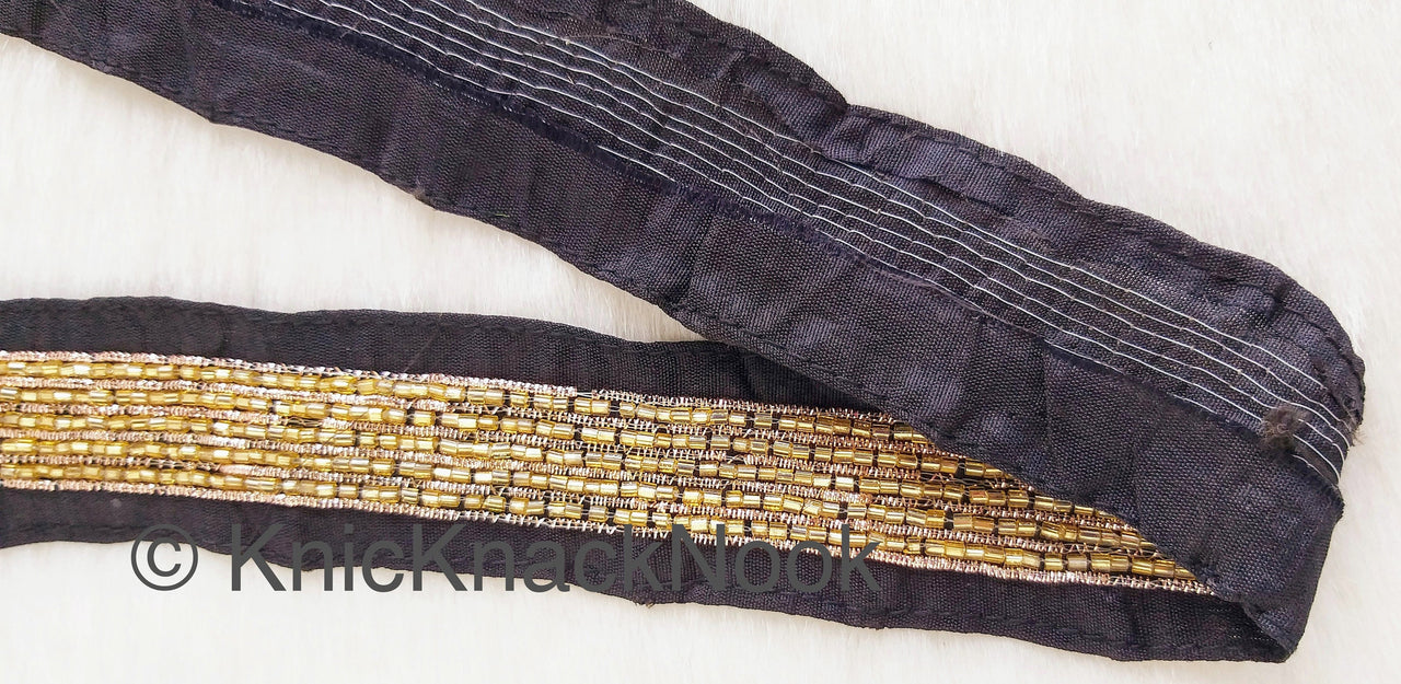 Black / Red Art Silk Fabric Trim With Gold Bugle Beads Embellishments And Gold Embroidery, Beaded Trim, 