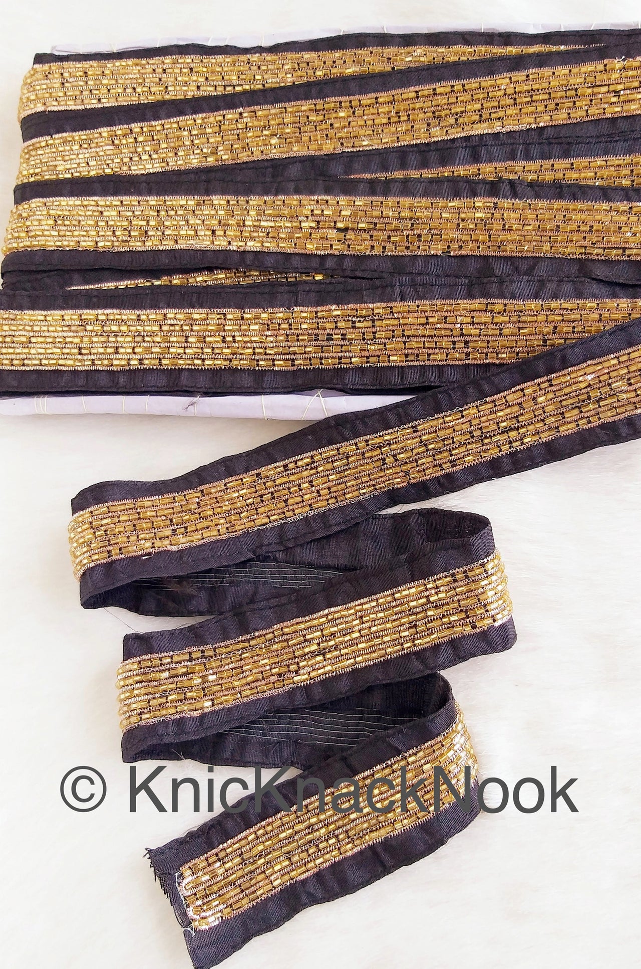 Black / Red Art Silk Fabric Trim With Gold Bugle Beads Embellishments And Gold Embroidery, Beaded Trim, , Approx. 36mmTrim