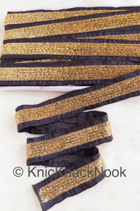 Thumbnail for Black / Red Art Silk Fabric Trim With Gold Bugle Beads Embellishments And Gold Embroidery, Beaded Trim, , Approx. 36mmTrim