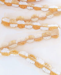 Thumbnail for Beige Net Lace With Off White And Beige Sequins and Beads, Scallop Trim, Exclusive Laces