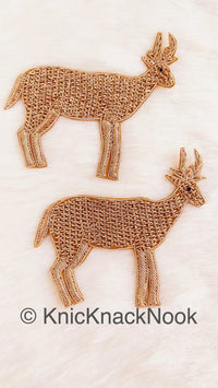 Thumbnail for Hand Embroidered Deer Applique In Gold Zardozi Threadwork, Animal Motif, Indian Embellishment
