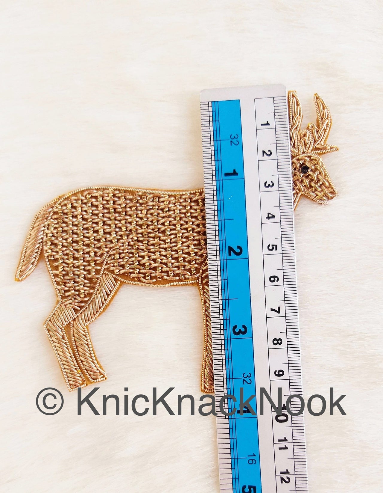 Hand Embroidered Deer Applique In Gold Zardozi Threadwork, Animal Motif, Indian Embellishment