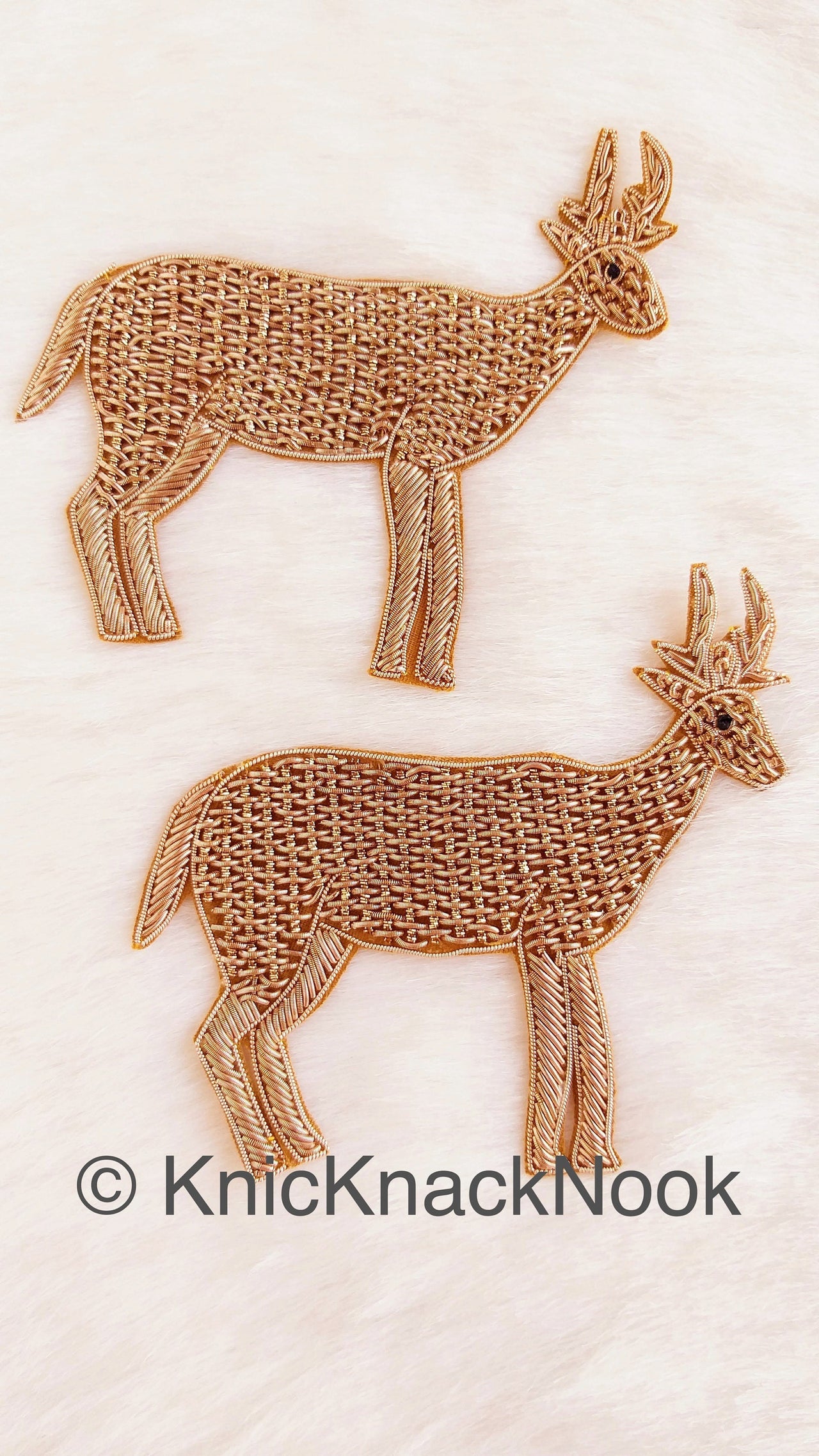 Hand Embroidered Deer Applique In Gold Zardozi Threadwork, Animal Motif, Indian Embellishment