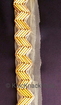Thumbnail for Beige Net Fabric Lace Trim With Gold Bugle Tube Beads And Gold Zardozi Embroidery, Beaded Trim, Approx. 24mm Wide