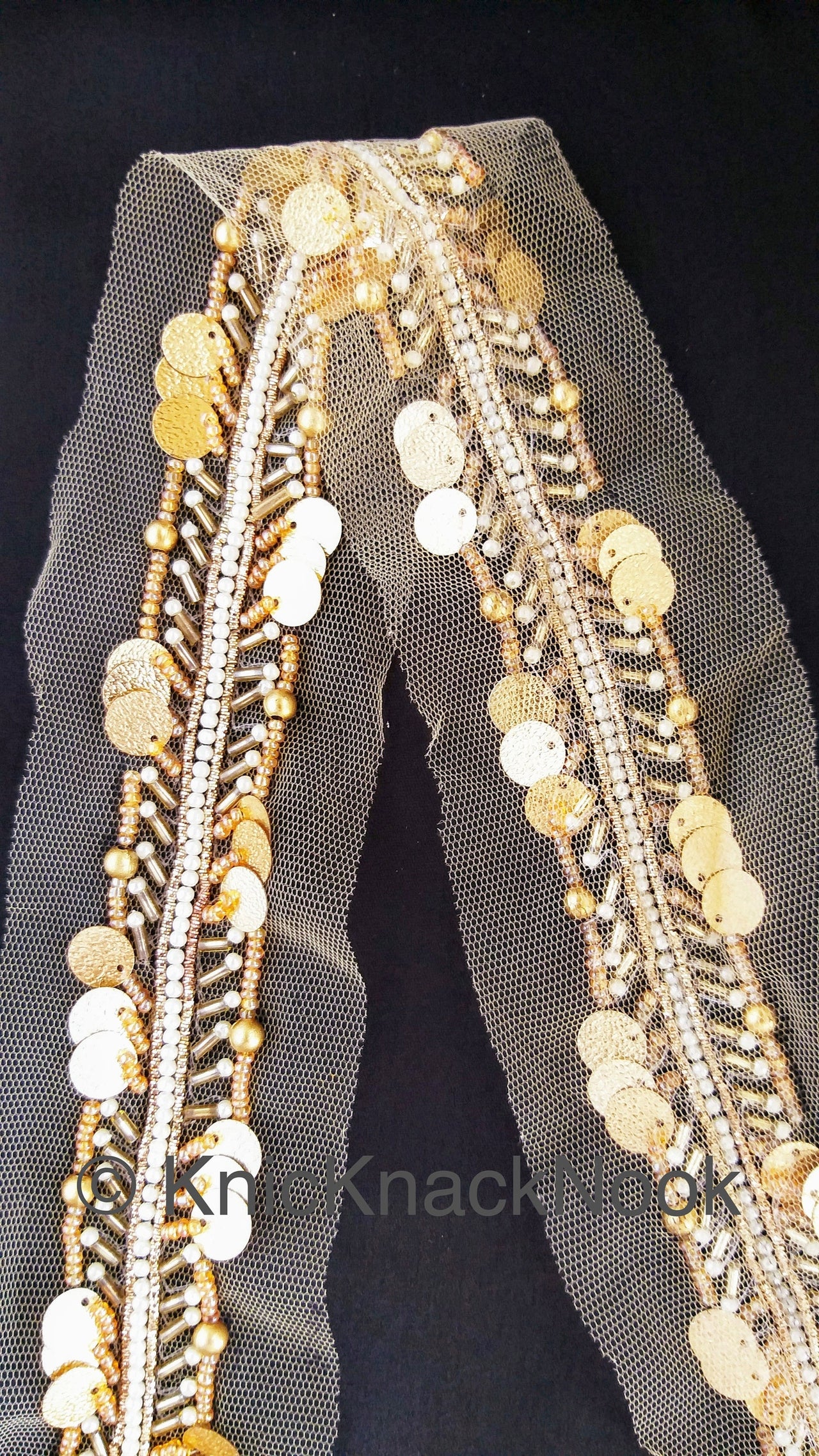 Beige Net Fabric Trim With Gold, White And Silver Beads, Gold Sequins Embellishments