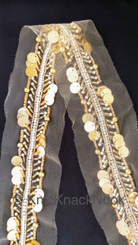 Thumbnail for Beige Net Fabric Trim With Gold, White And Silver Beads, Gold Sequins Embellishments