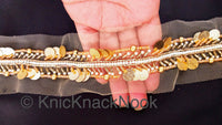 Thumbnail for Beige Net Fabric Trim With Gold, White And Silver Beads, Gold Sequins Embellishments