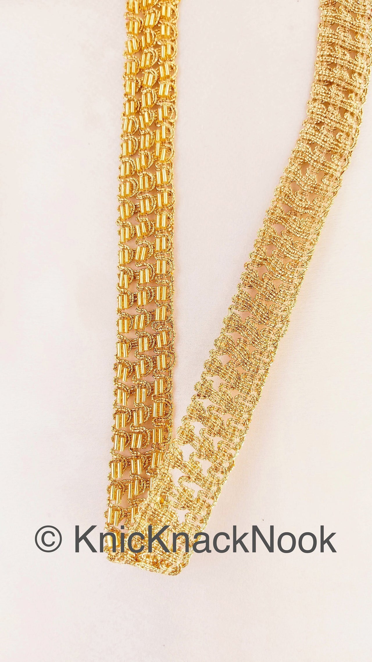 Gold Thread Trim With Gold Bugle Beads, Embroidered Lace Trim, Handmade Trim