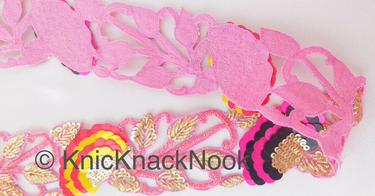 Pink / Peach Indian Beaded Lace Trim, Handmade, Sequins Trim