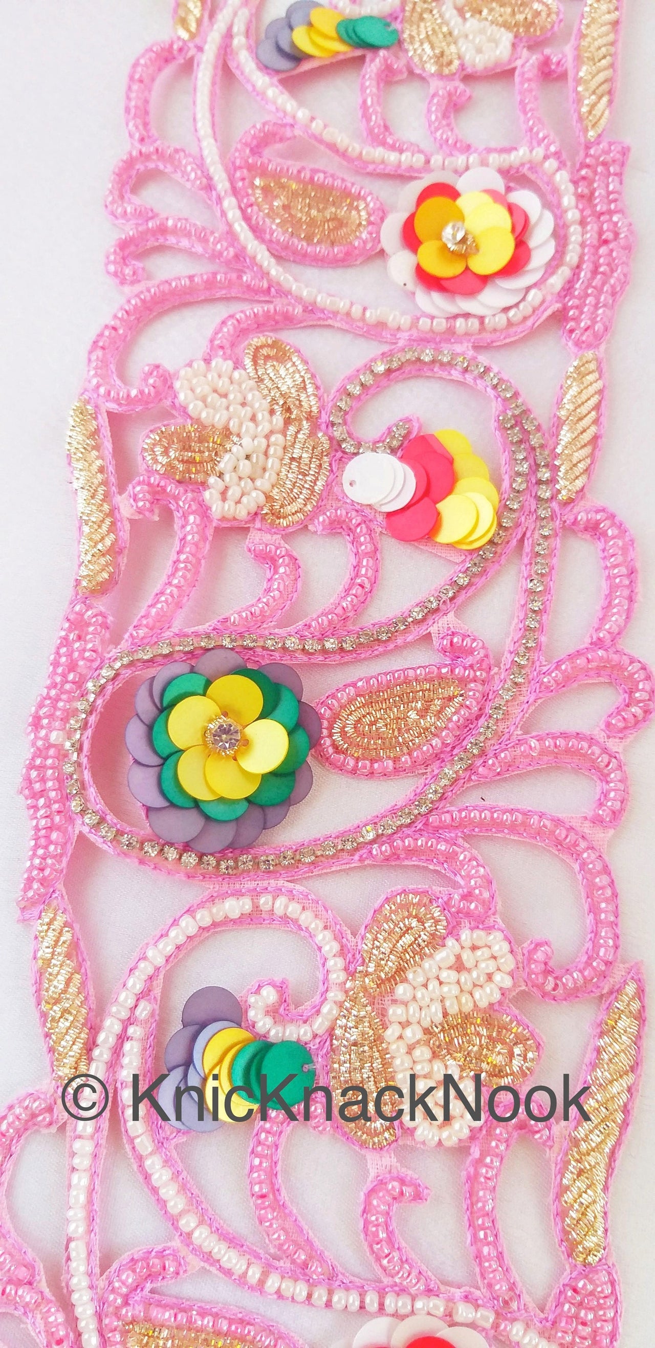 Pink Hand Embroidered Cutwork Beaded Trim, Multicolour Sequins Wedding Sash, Zardozi Sari Border Trim By Yard Decorative Exclusive Fashion
