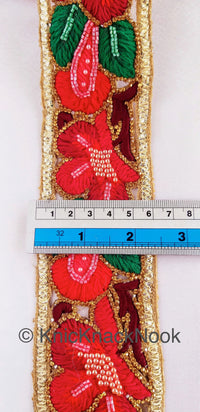 Thumbnail for Red Hand Embroidered Cutwork Floral Trim Wedding Beaded Sash Bridal Belt Decorative, Indian Sari Border, Costume Trim