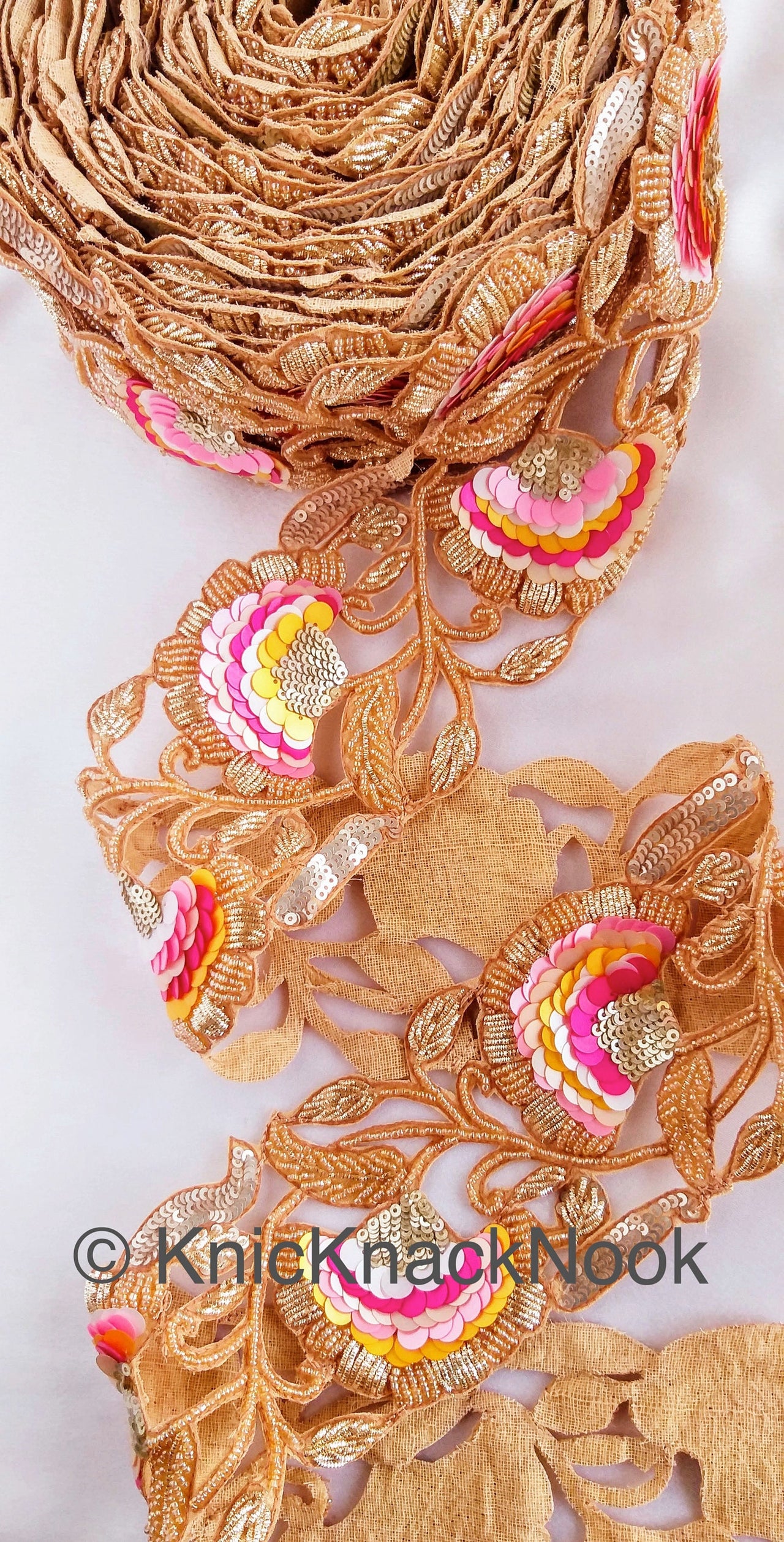 Exclusive Gold Hand Embroidered Cutwork Lace Trim, Floral Embroidery Beaded Trim, Sequins Trim