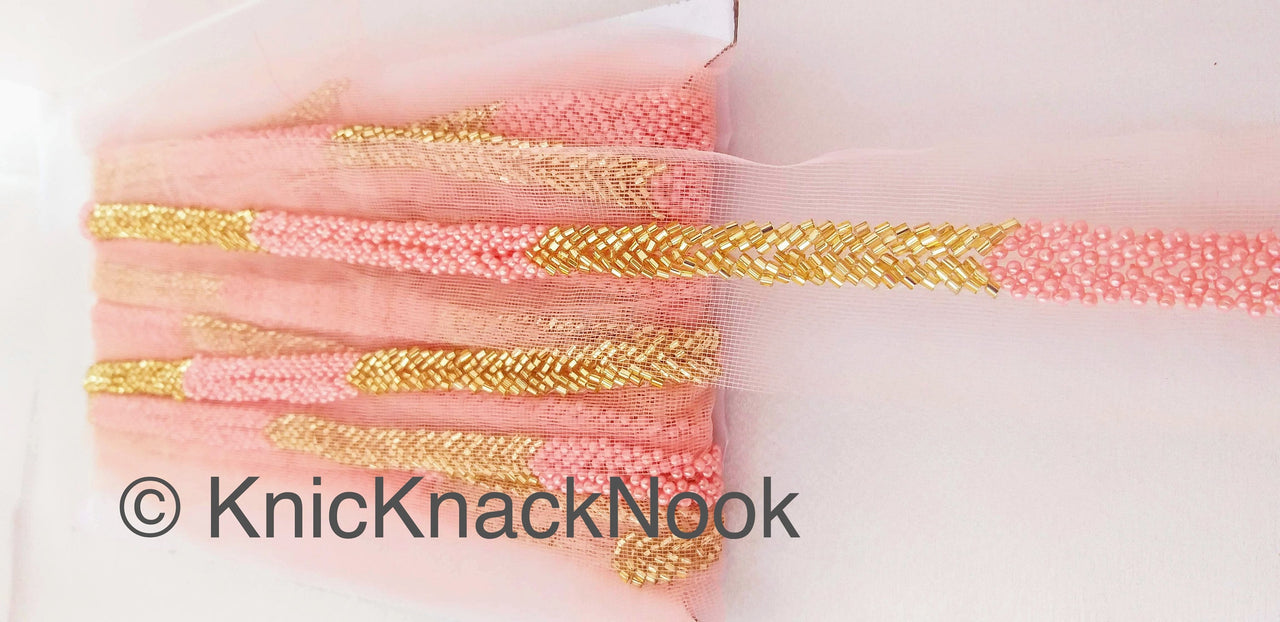 Green / Pink Net Lace Trim Hand Embroidered With Gold Bugle Beads And Ivory / Pink Seed Beads, Beaded Trim,