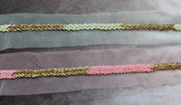 Thumbnail for Green / Pink Net Lace Trim Hand Embroidered With Gold Bugle Beads And Ivory / Pink Seed Beads, Beaded Trim,