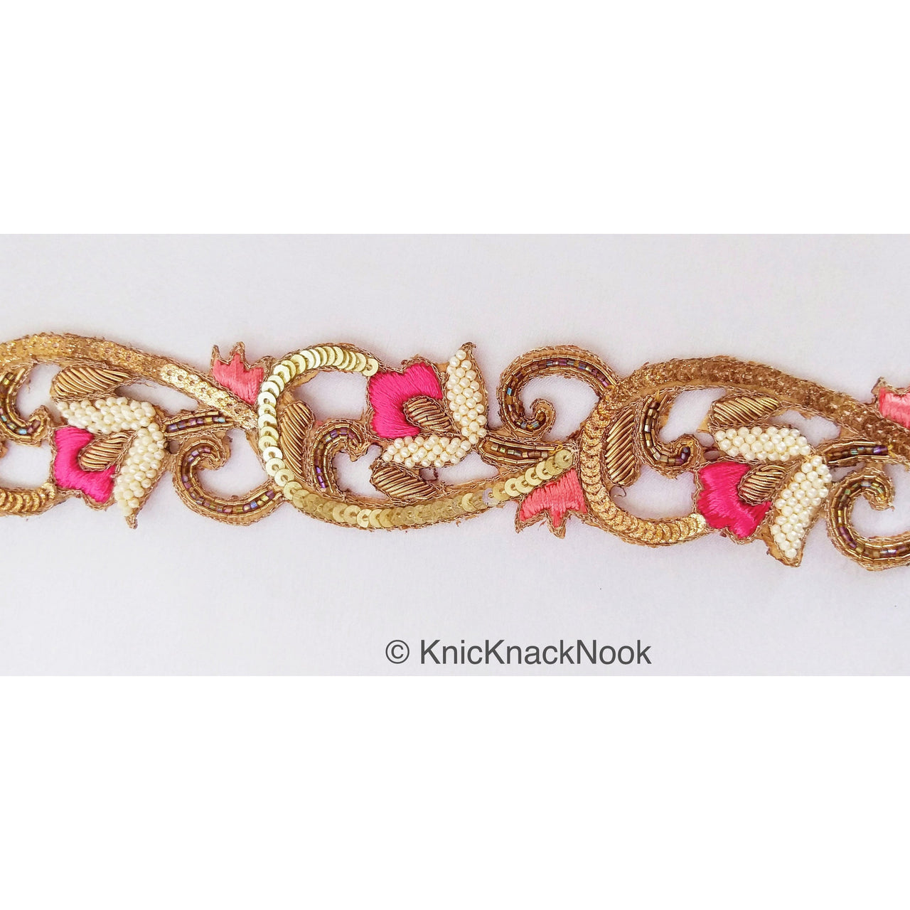Hand Embroidered Lace Trim, Pink Floral Embroidery, Beaded In Off White Seed Beads & Bugle Beads