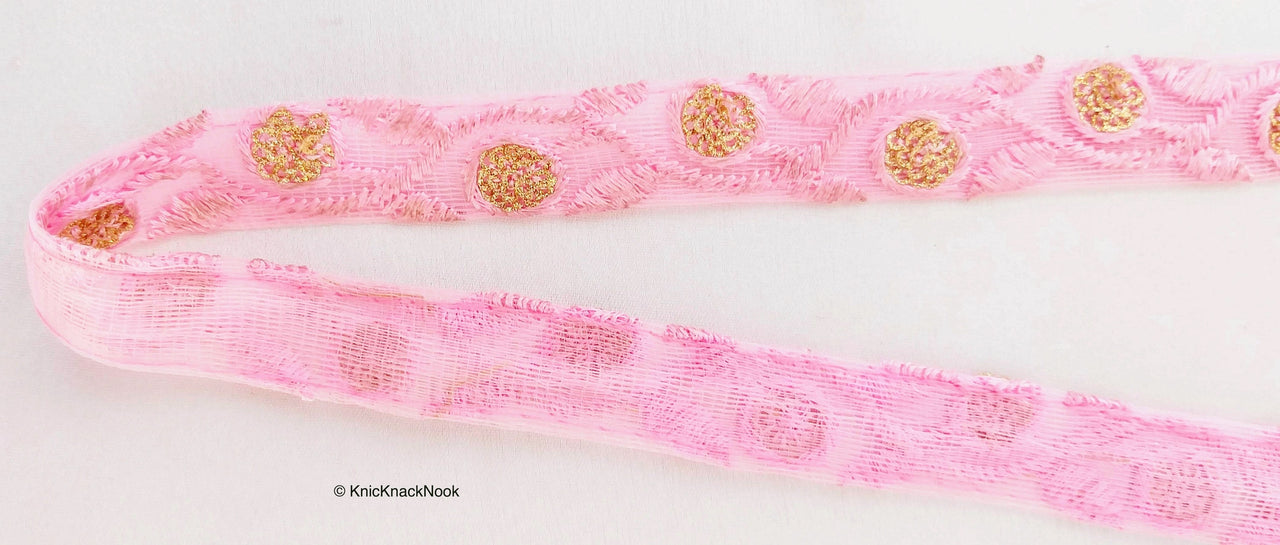 Pink Net Lace Trim In  Floral Embroidery And Glitter Gold Sequins, , Wedding Trims