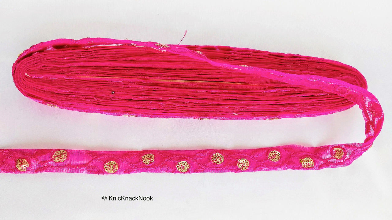 Wholesale Fuchsia Pink Net Lace Trim Floral Embroidery & Glitter Gold Sequins Indian Wedding Giftwrap Ribbon, Crafting Decorative Trimming