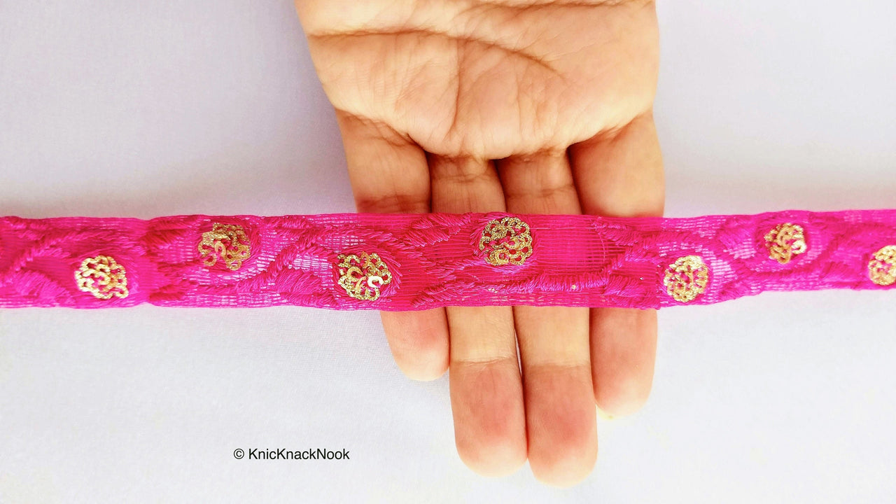 Wholesale Fuchsia Pink Net Lace Trim Floral Embroidery & Glitter Gold Sequins Indian Wedding Giftwrap Ribbon, Crafting Decorative Trimming