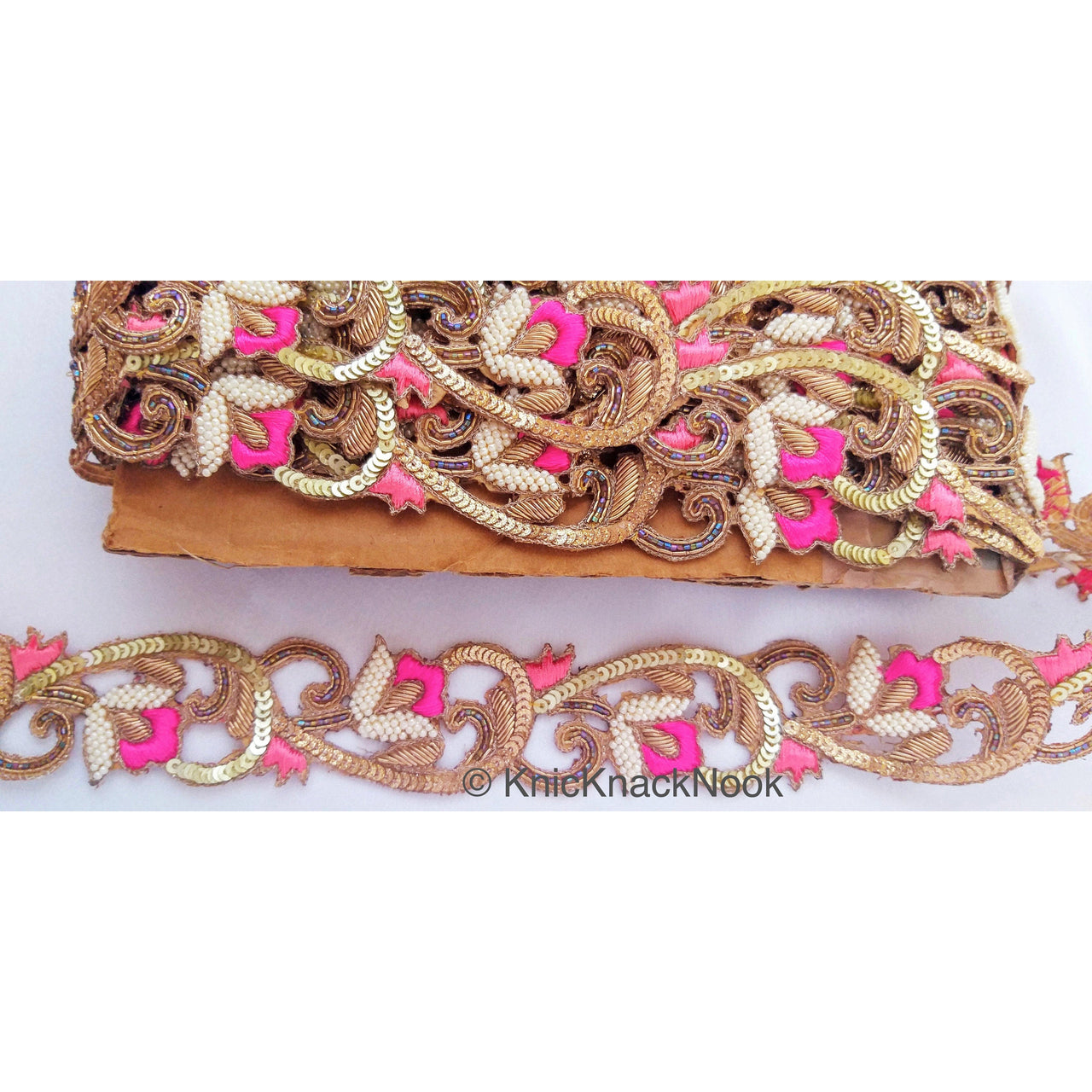 Hand Embroidered Lace Trim, Pink Floral Embroidery, Beaded In Off White Seed Beads & Bugle Beads
