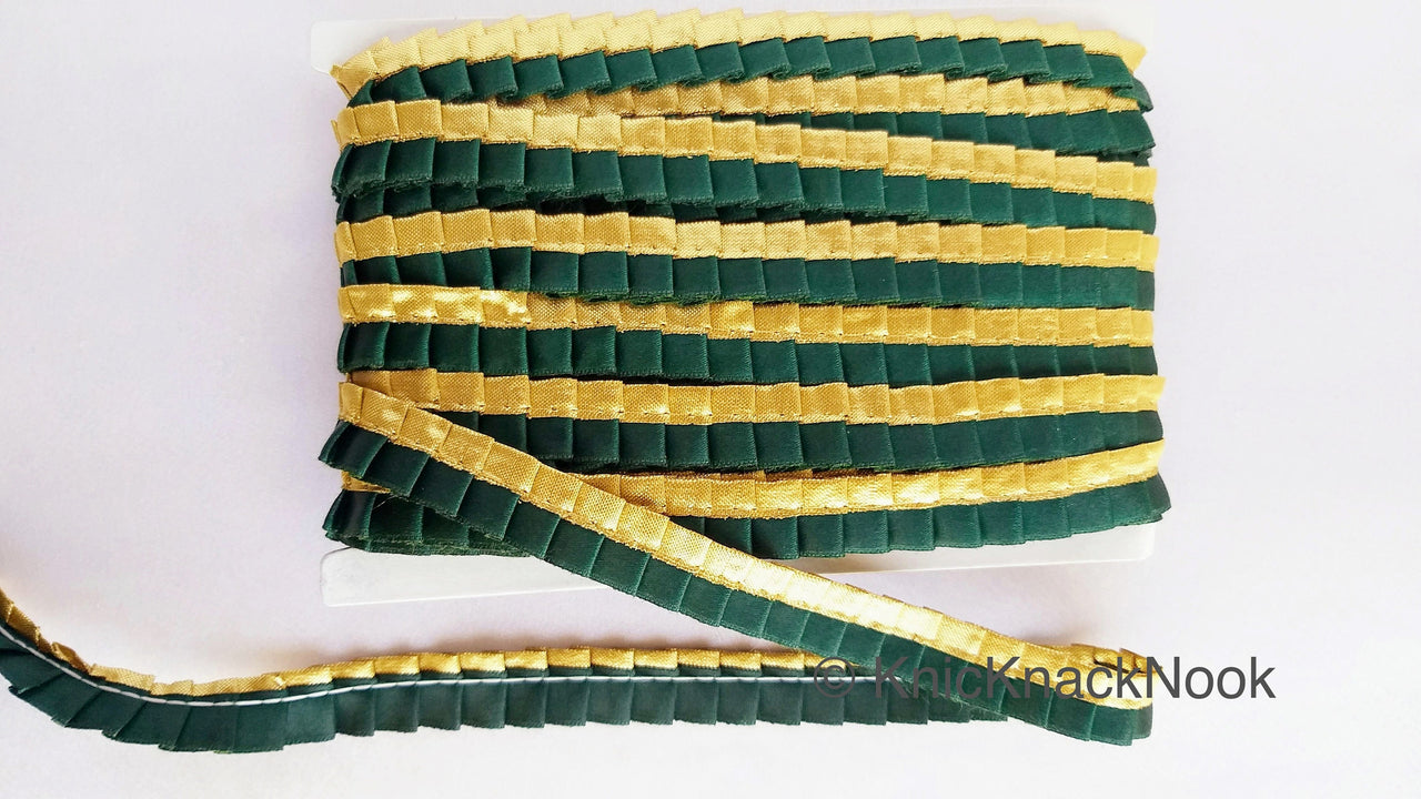 Satin, Bottle Green & Gold Pleated Lace Trim,  Trim