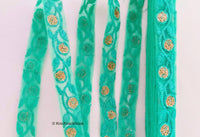 Thumbnail for Caribbean Green Net Lace Trim In  Floral Embroidery And Glitter Gold Sequins, , Wedding Trims